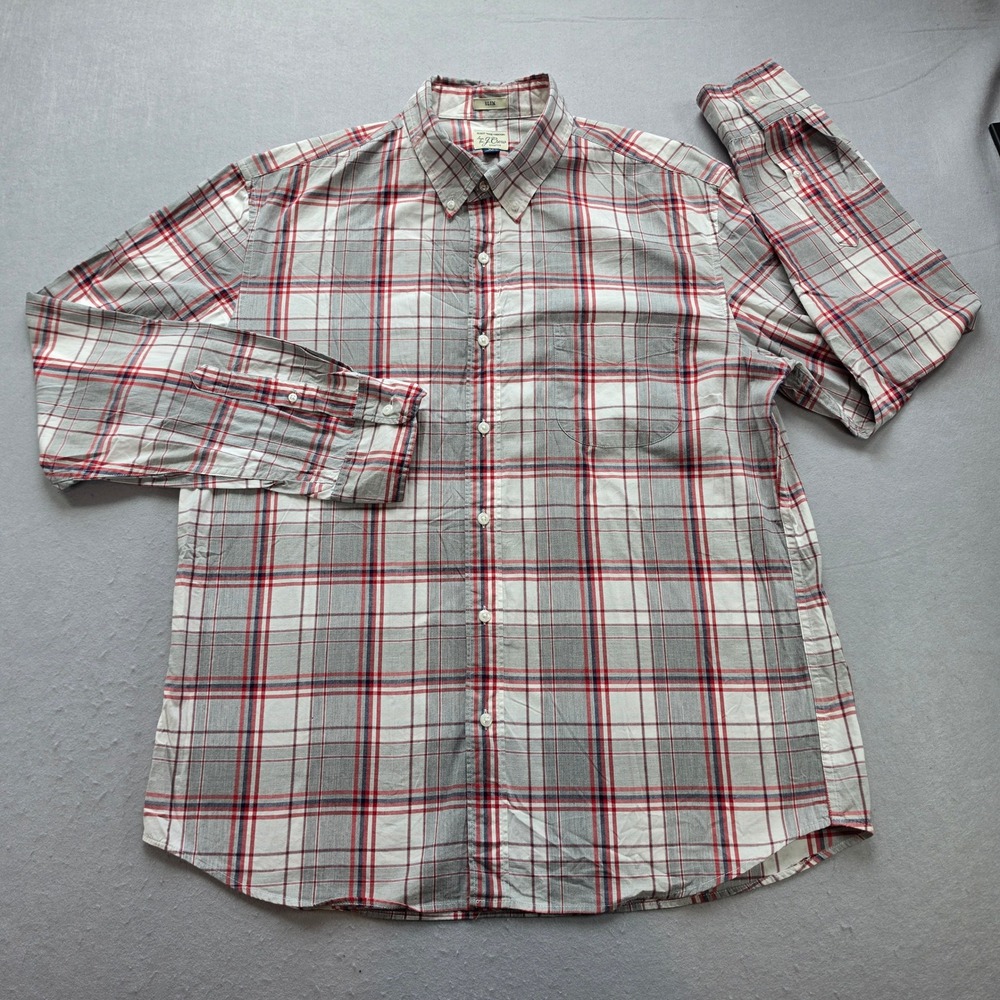 J. Crew Secret Wash Slim Fit Plaid Button Down Shirt Mens XL Grey Red Stretch